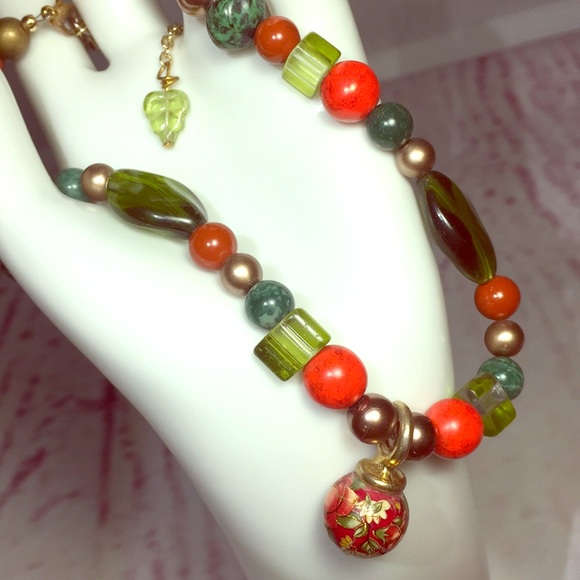 Handmade earth tone ORIGINAL OOAK glass bead adjustable green red Necklace retro - Picture 7 of 16